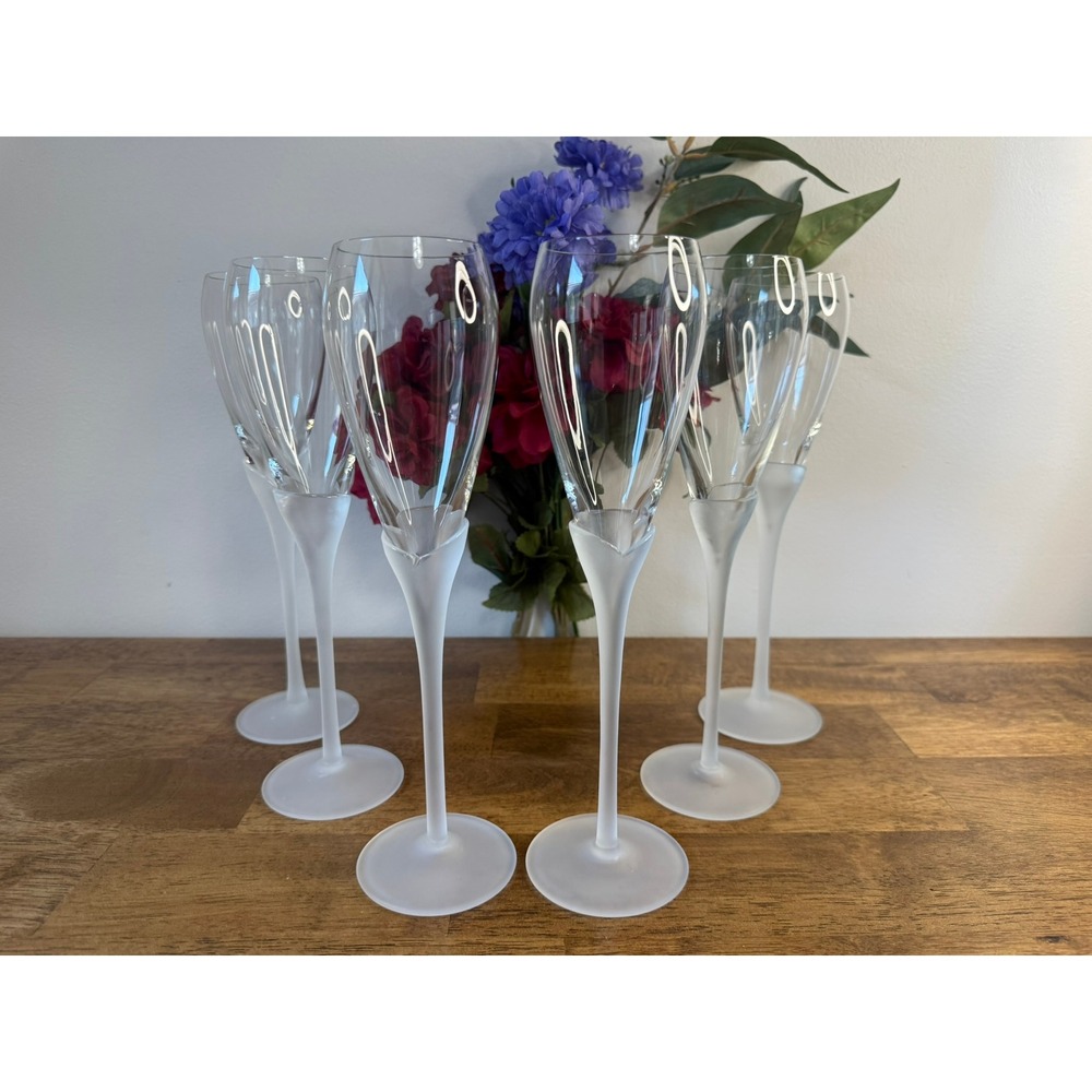 Vintage Colony Amaryllis Frosted Champagne Flutes Set of 6 Clear Floral Stemware